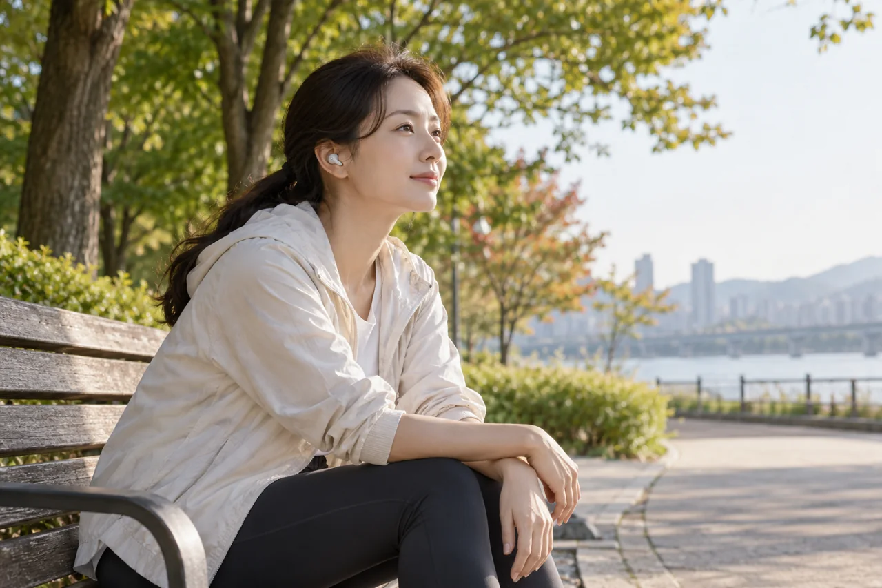 산책을 마친 뒤 벤치에서 잠시 오디오를 멈추고 생각을 정리하는 성인