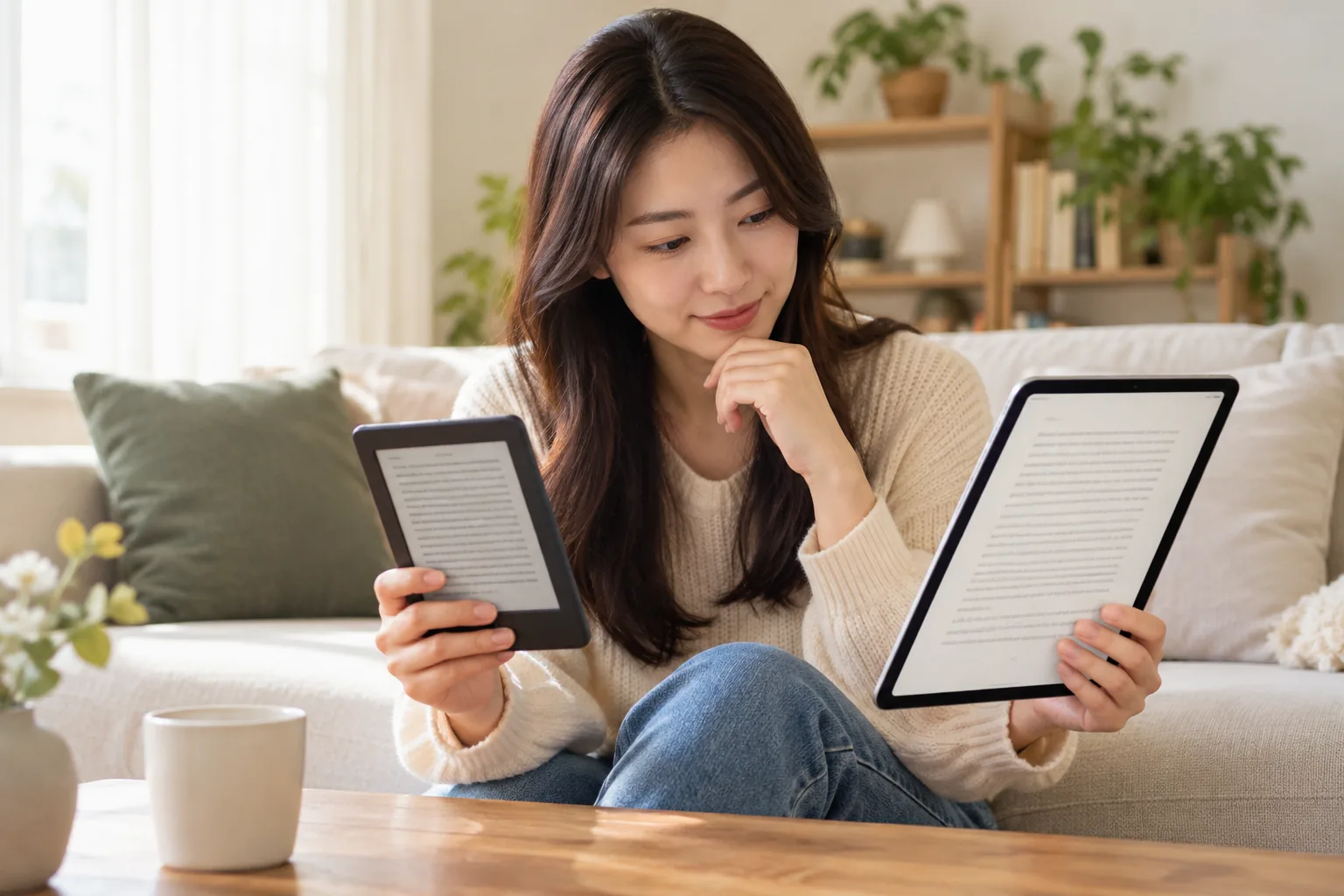 전자책 기기와 태블릿의 문서 표시를 비교하는 독자