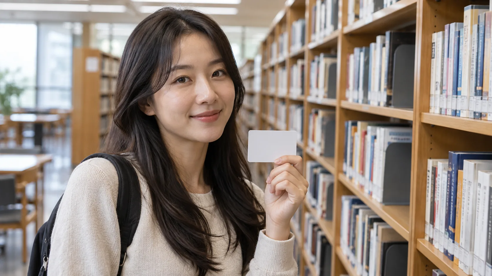 한국인 성인이 글자와 로고 없는 도서관 이용증을 들고 서가 앞에 선 모습