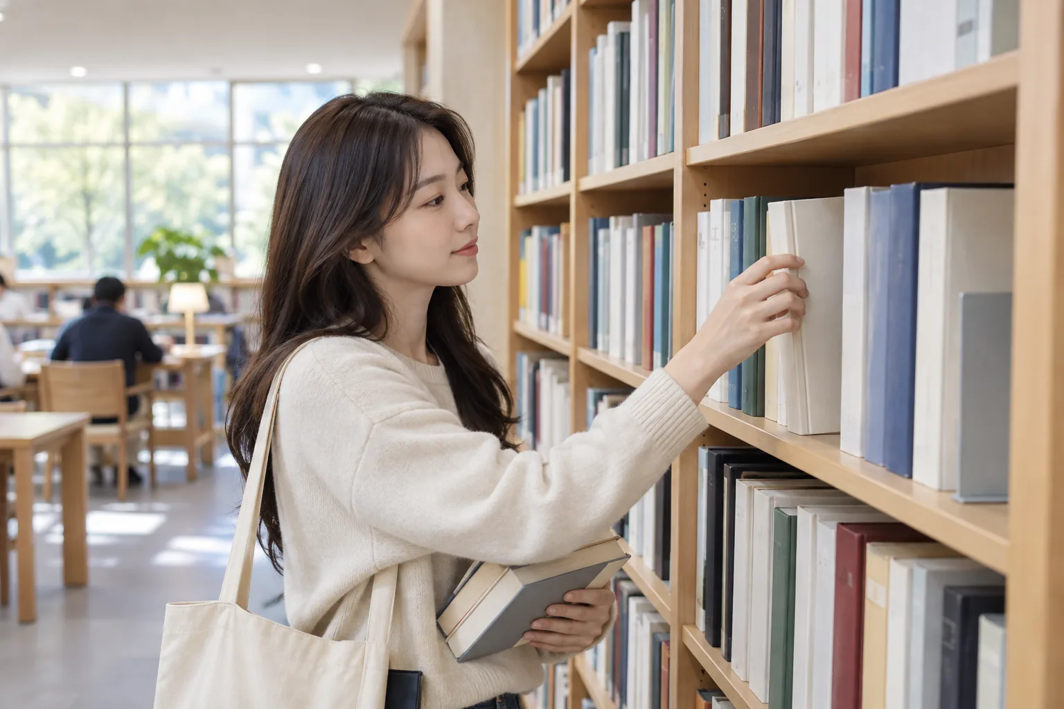도서관 서가에서 책을 찾는 연출