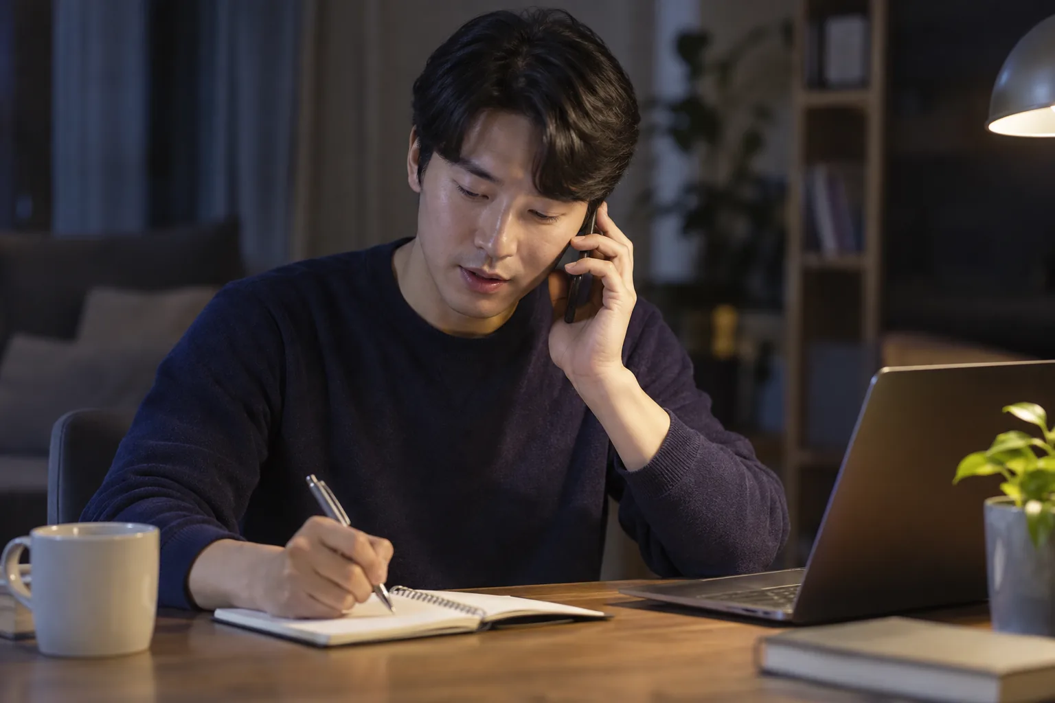 통화하며 결제 관련 내용을 노트에 기록하는 사람