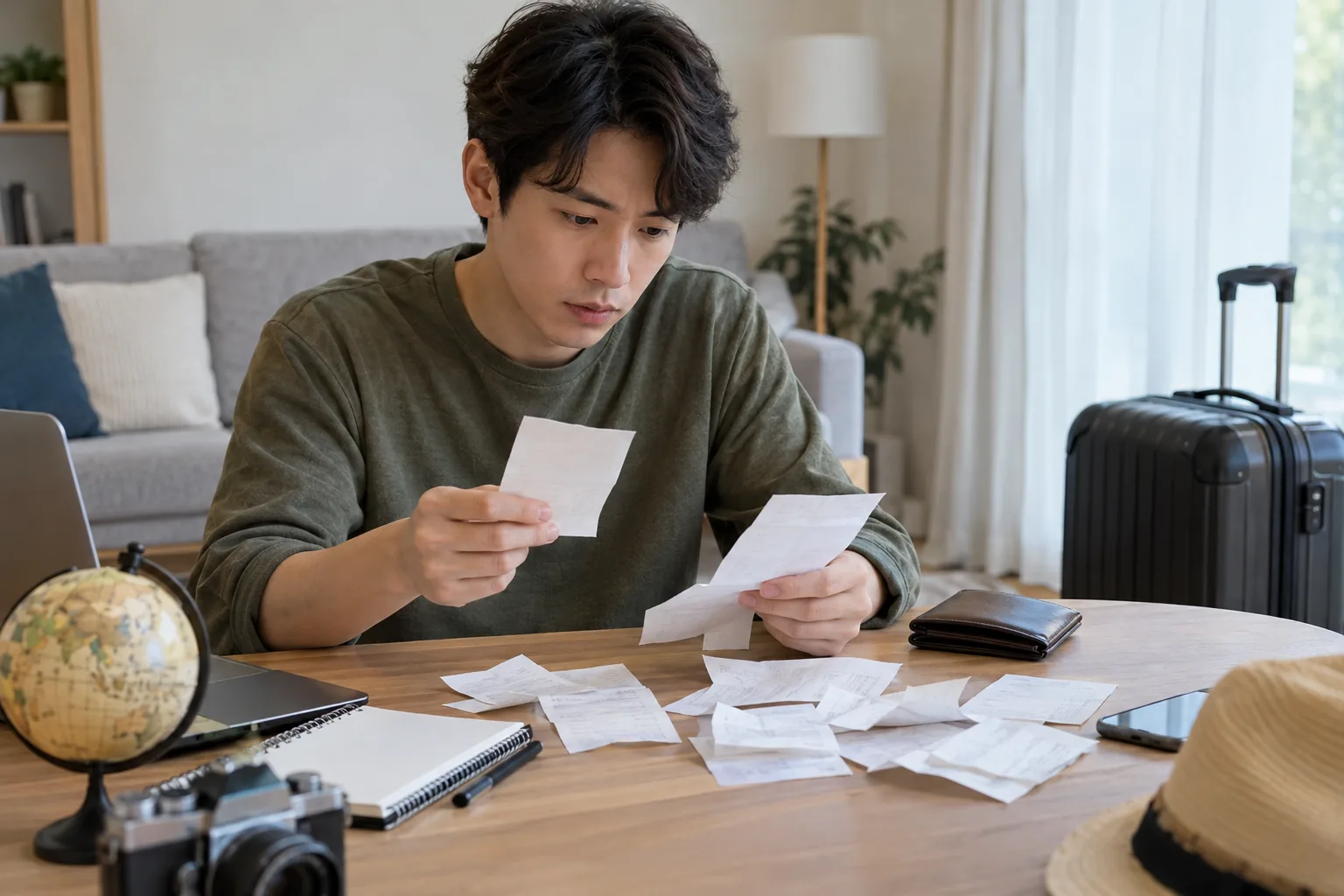 여행 후 영수증과 카드 내역을 대조하는 사람