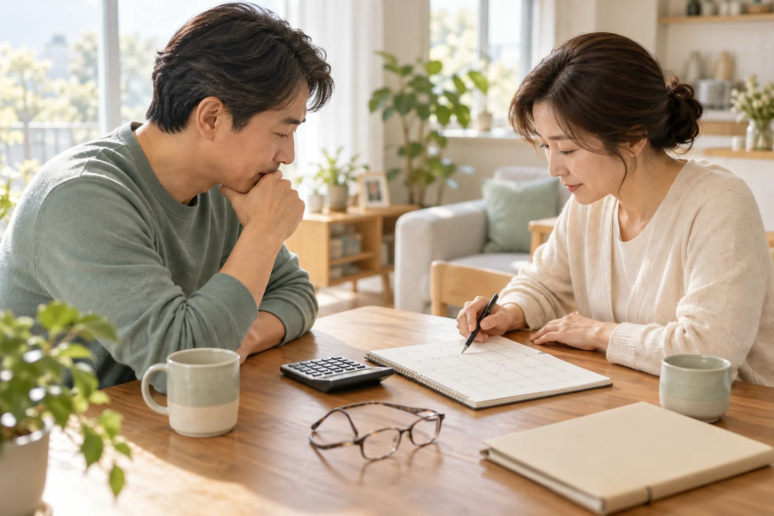 한국인 부부가 계산기와 월별 기록표로 노후 생활비를 점검하는 설명 장면