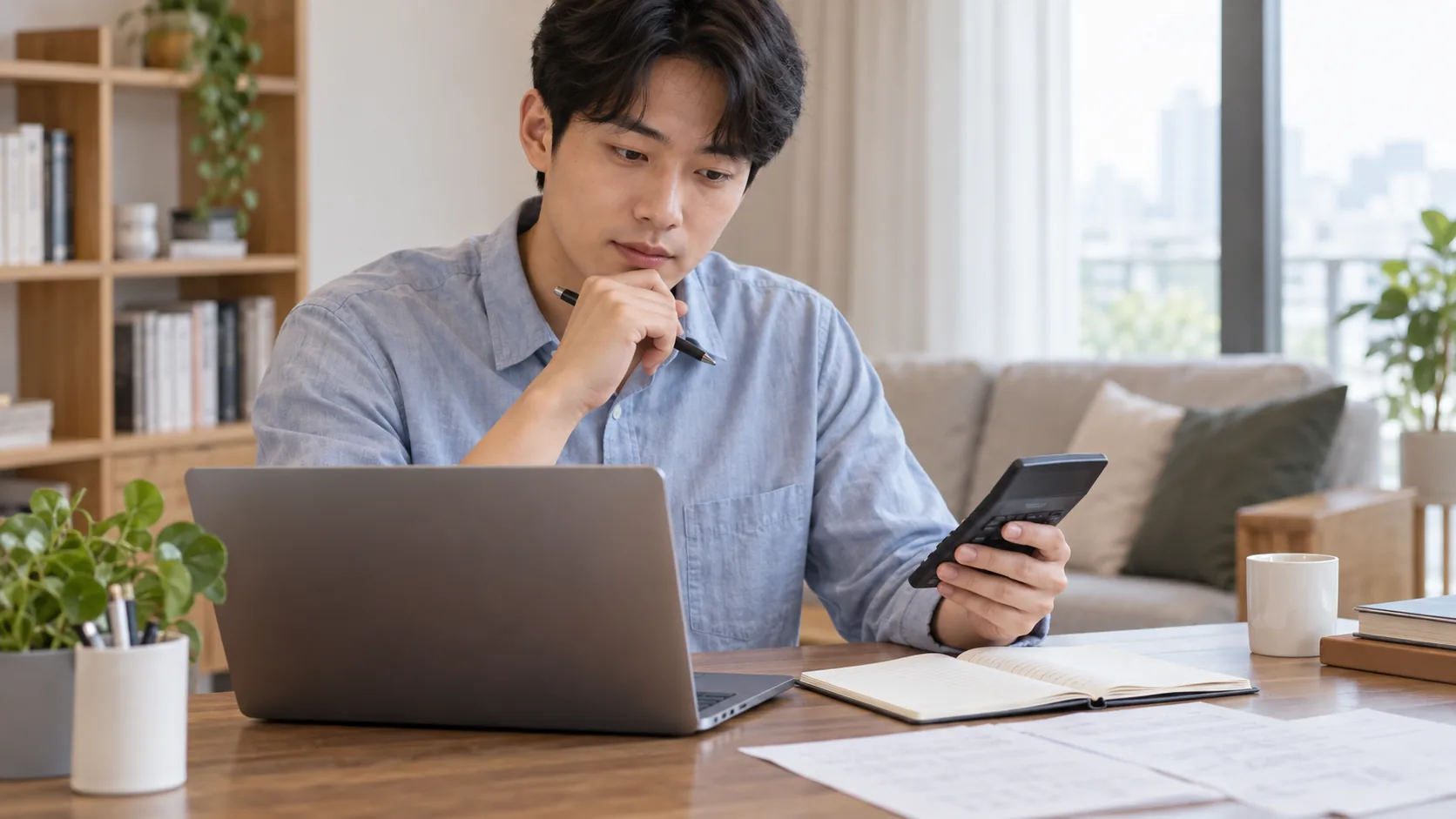 노트북과 계산기로 다음 예치 기간을 비교하는 성인