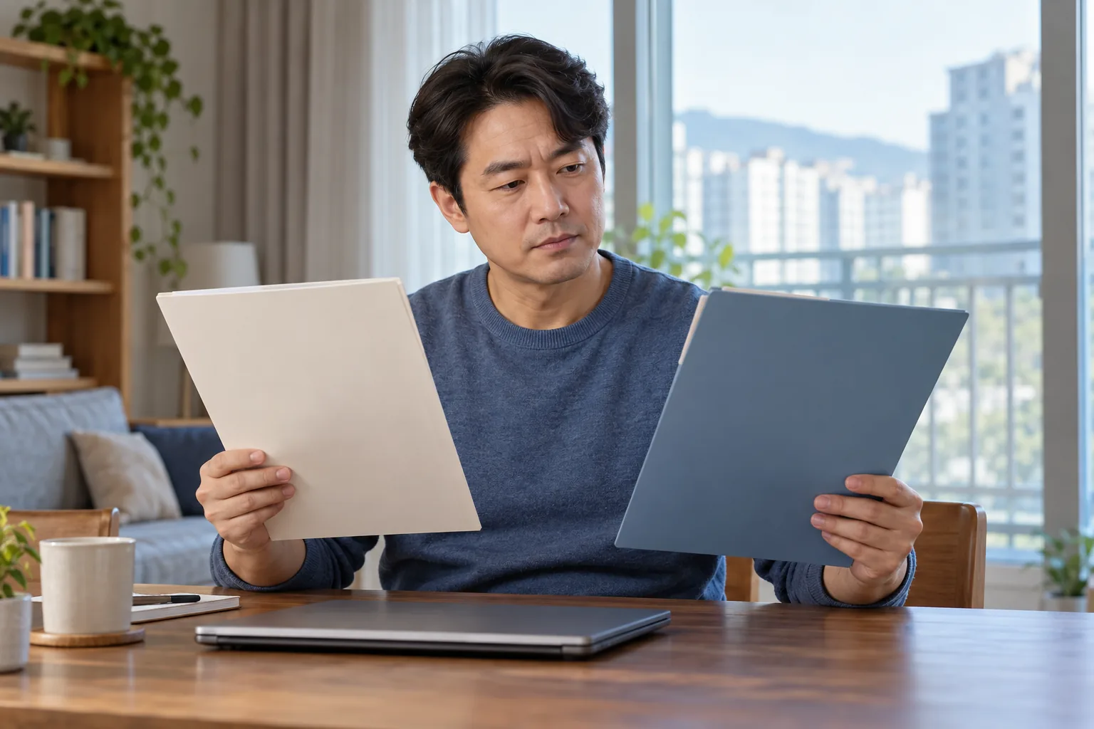 새출발기금 상담 전 자료를 비교하는 한국인 — AI 설명 이미지