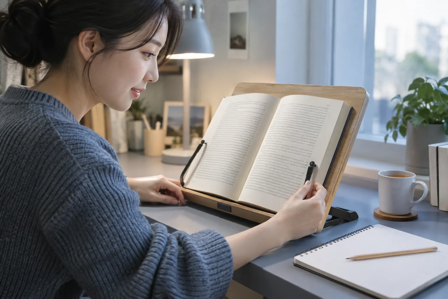 독서대의 페이지 고정 부분을 확인하는 독자