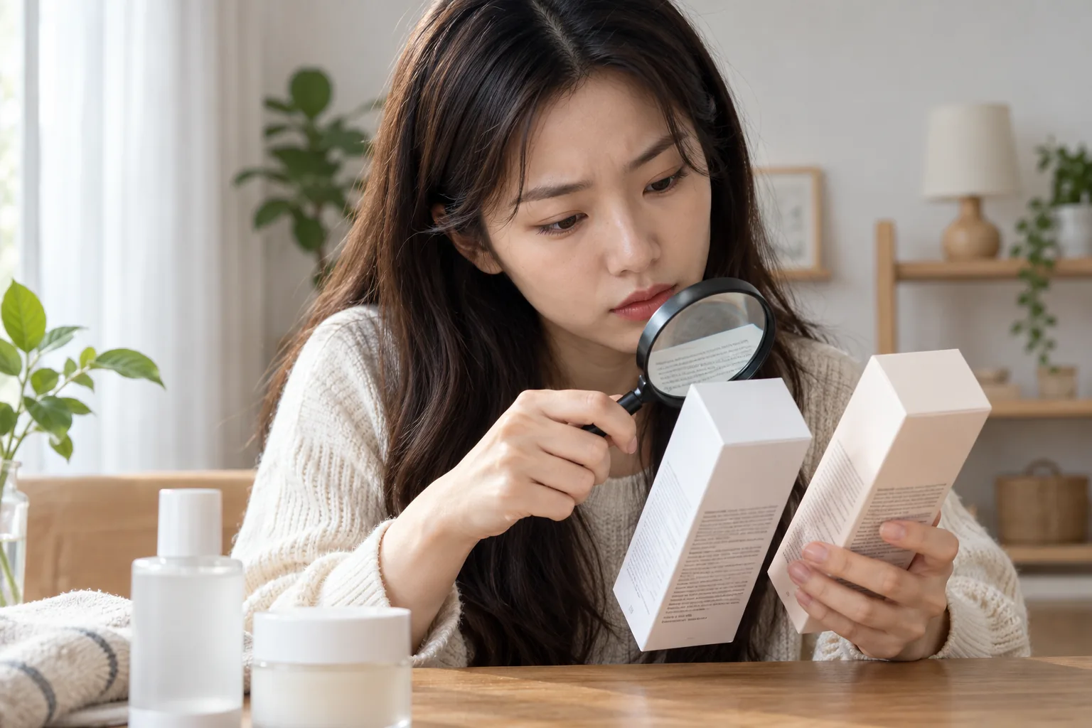 두 화장품의 작은 표시를 비교하는 한국인 소비자