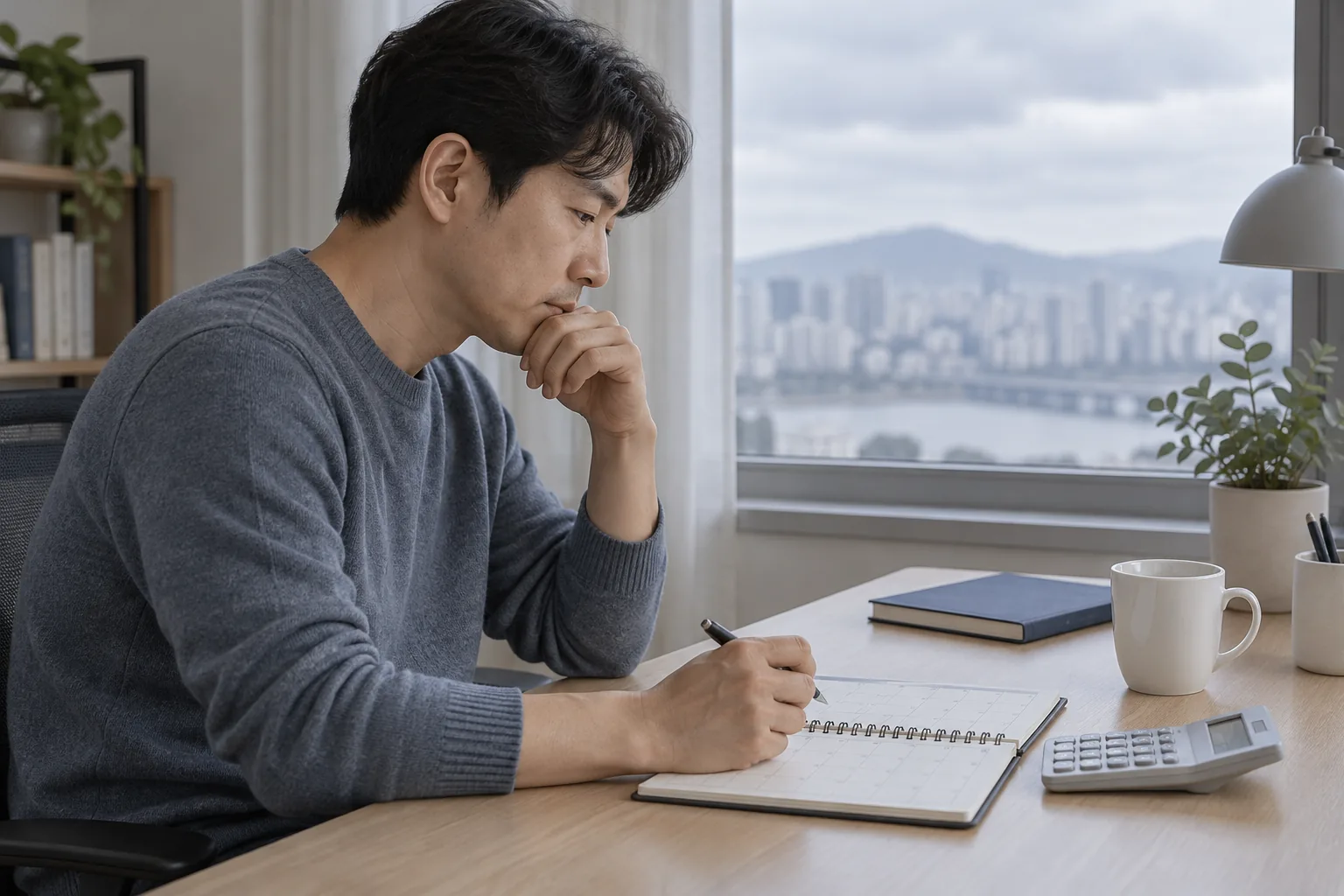 월별 현금 흐름을 점검하는 한국인 남성의 설명 장면