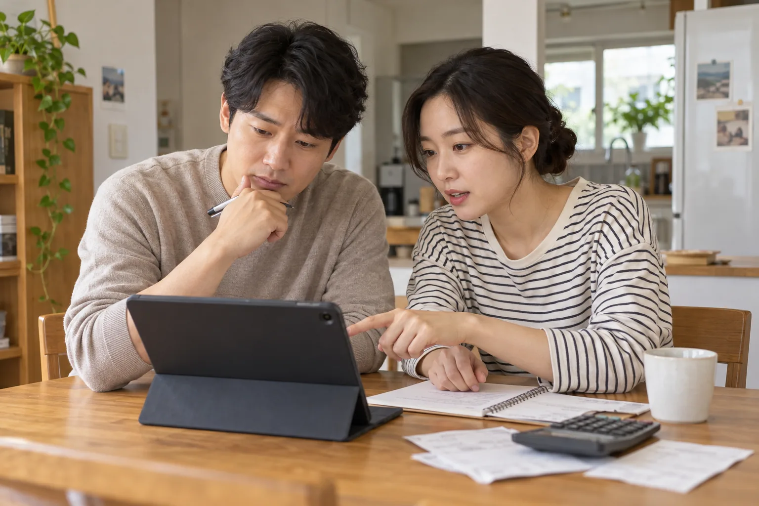 예금 만기 일정을 함께 확인하는 한국인 부부