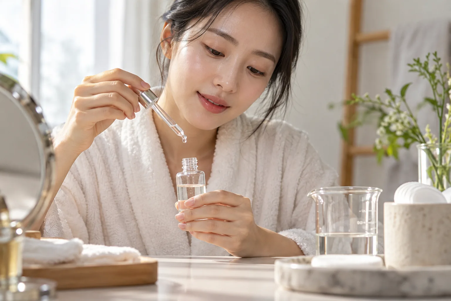 표시 없는 세럼 용기와 스포이트를 놓은 설명용 장면
